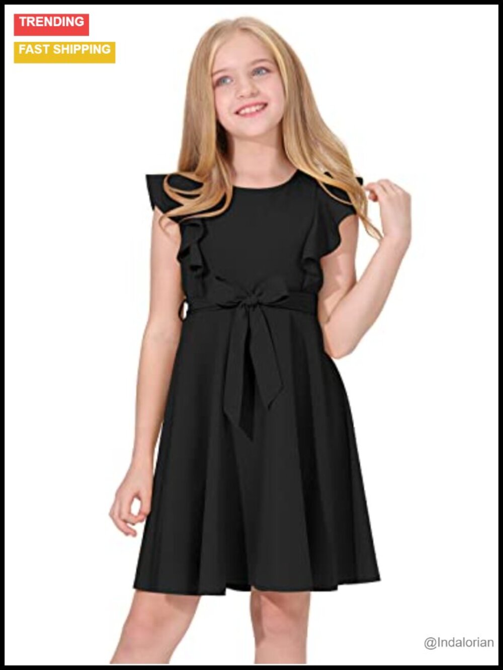 Girls Ruffle Trim A-line Swing Dress with Belt, Zipper